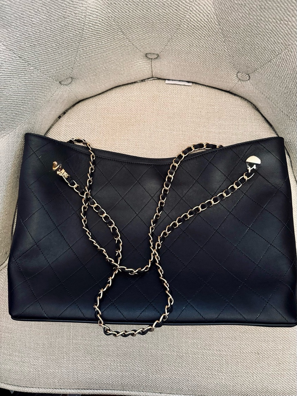 Black Quilted Shoulder Bag with Gold Chain Straps